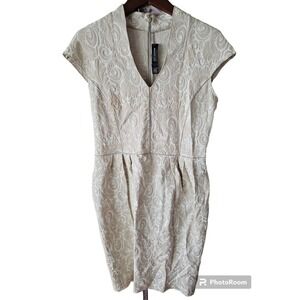 St John Neutral Ivory Stretch Floral Jacquard‎ Cap Sleeve Sheath Dress sz 6 JT01